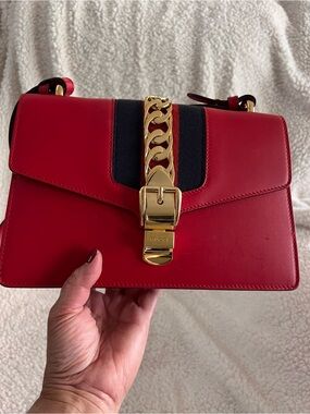 Gucci Sylvie Shoulder Bag (S) in Smooth Hibiscus Red Calfskin Leather.